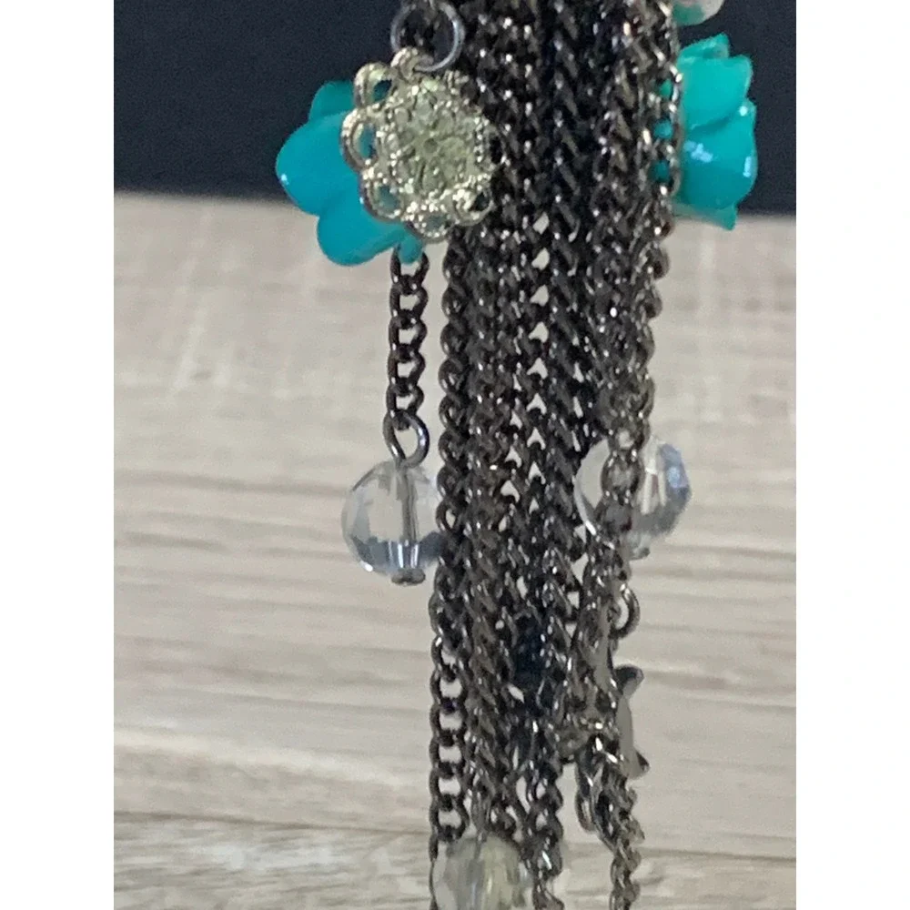 Gunmetal Crystal Tassel Earrings Turquoise Rose Multi Chain Dangle 3785